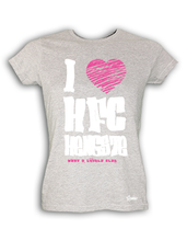 Lade das Bild in den Galerie-Viewer, T-Shirt Damen Grau Melange HFC Greifswald 92 I Love HFC Weiß-Pink
