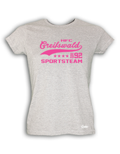 Lade das Bild in den Galerie-Viewer, T-Shirt Damen Grau Melange HFC Greifswald 92 Sportsteam Pink
